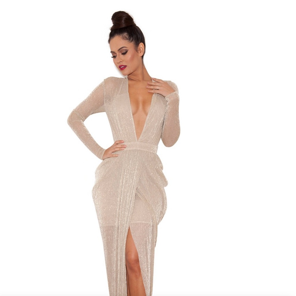 House of CB blanca nude shimmer sheer chiffon maxi dress. Size Medium